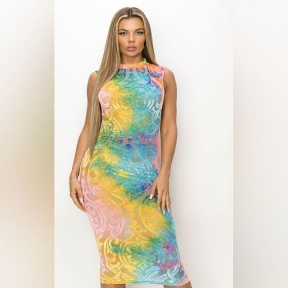 VELVET BURN OUT PATTERN MIDI DRESS - Picture 1 of 3